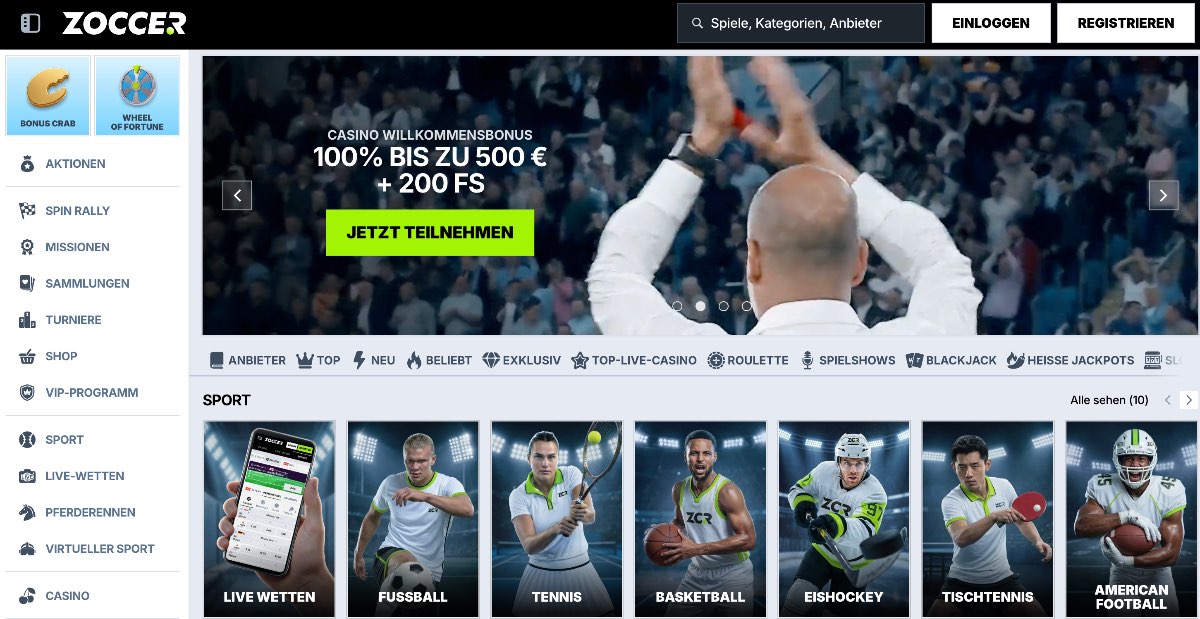 Zoccer ist ein erstklassiger Wettanbieter ohne OASIS, der Sportwetten und über 9.000 Casinospiele unter einem einzigen Konto vereint und dabei völlige Freiheit vom Sperrsystem bietet.
