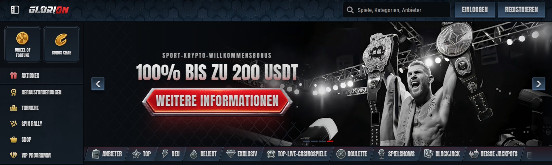 Glorion glänzt als vielseitiger Wettanbieter ohne OASIS mit der breitesten Zahlungsauswahl im Vergleich, die unter anderem acht verschiedene Kryptowährungen für deine Sportwetten unterstützt.